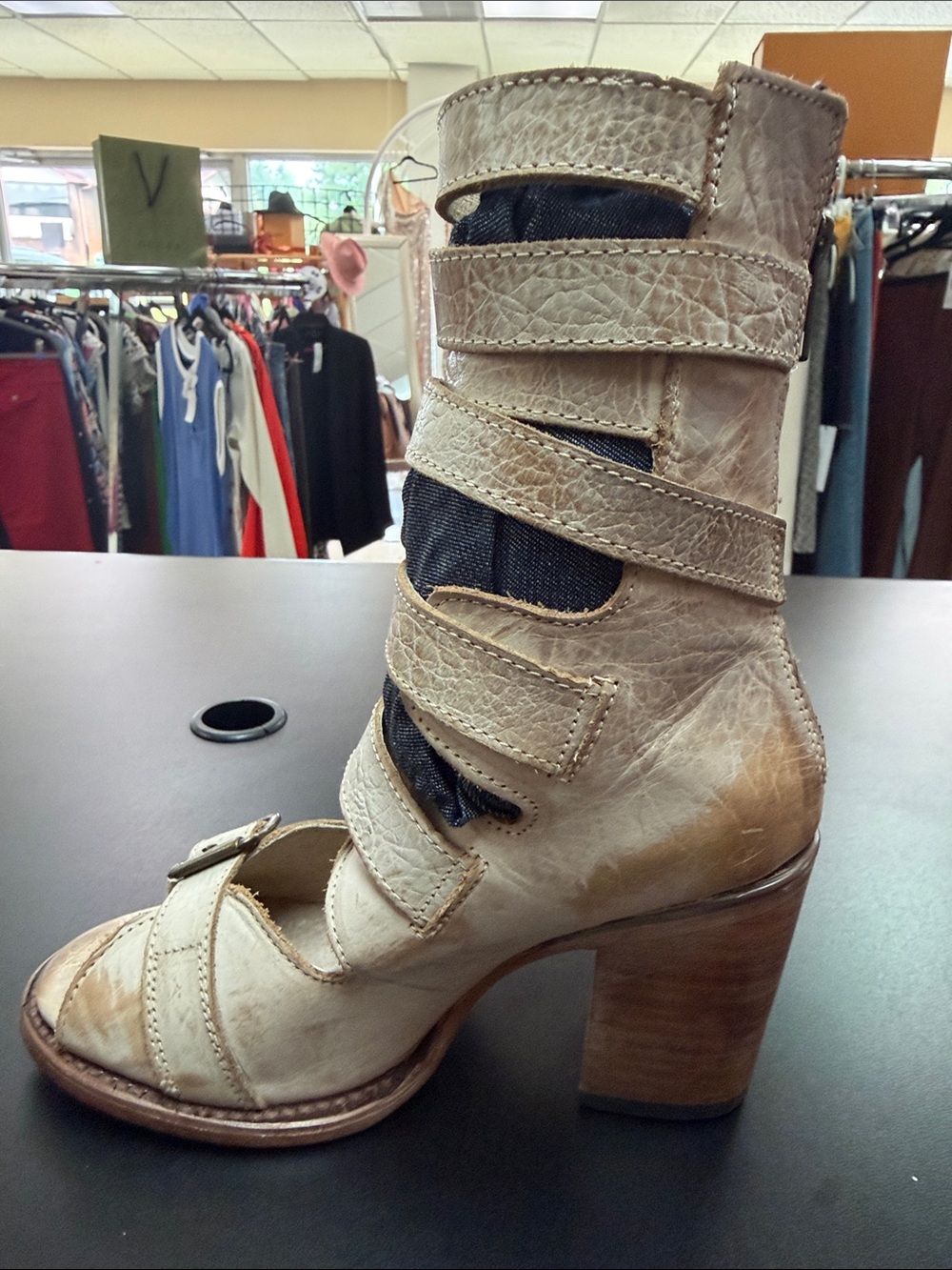 freebird Cream Strappy Buckle Open-Toe Heeled Boots with Denim Inset - Picture 8 of 15